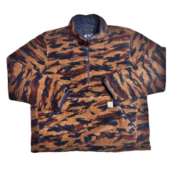 Carhartt Relaxed Fit 1/4 Zip Camo Brown Sherpa Fleece Pullover Jacket Sz XL - Picture 3 of 9
